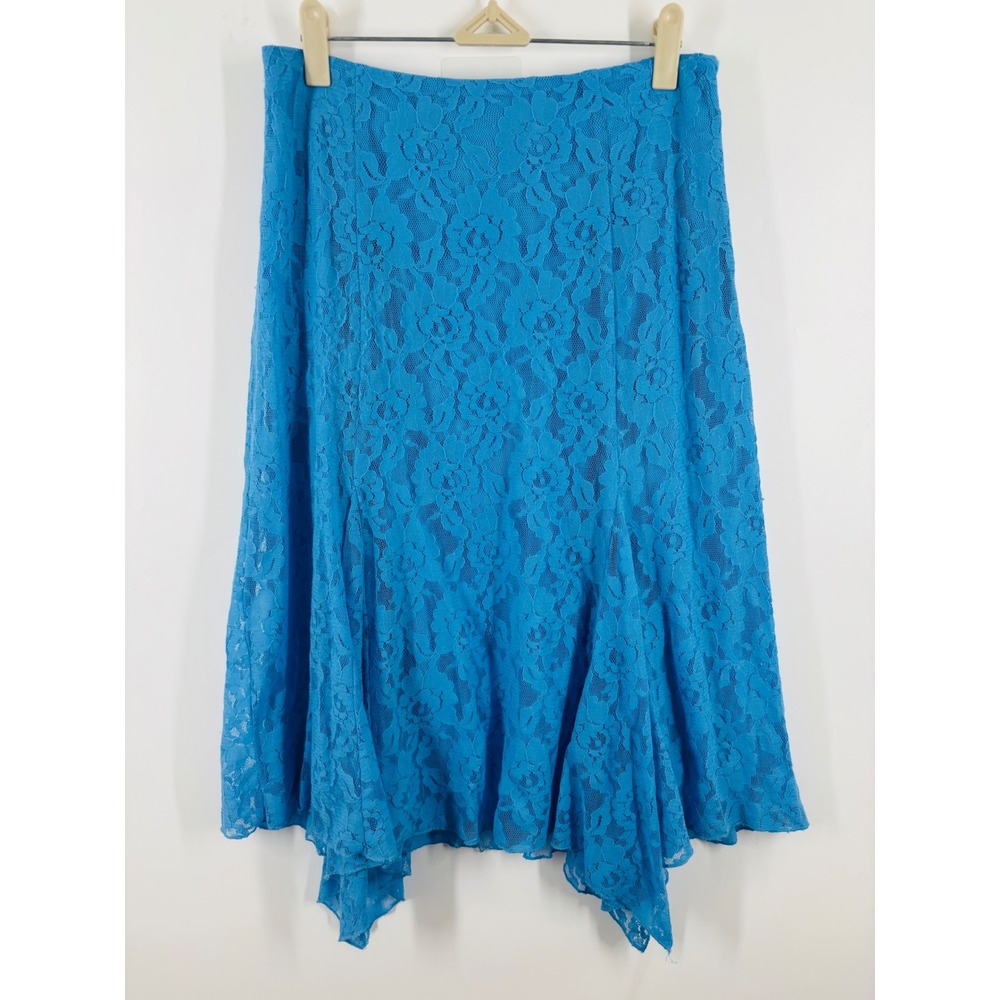 Metrostyle Blue Floral Lace Handkerchief Hem Midi Skirt Size 6 Turquoise